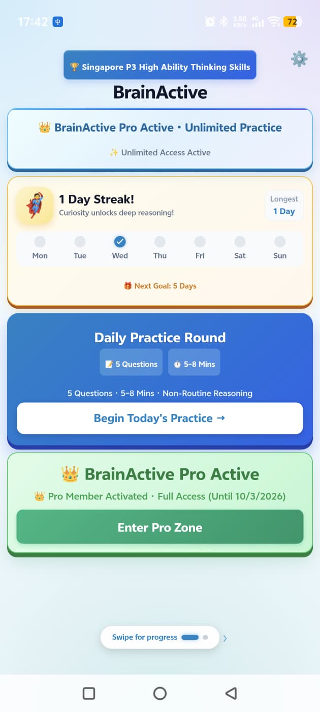 BrainActive daily practice screen for Singapore Primary 3