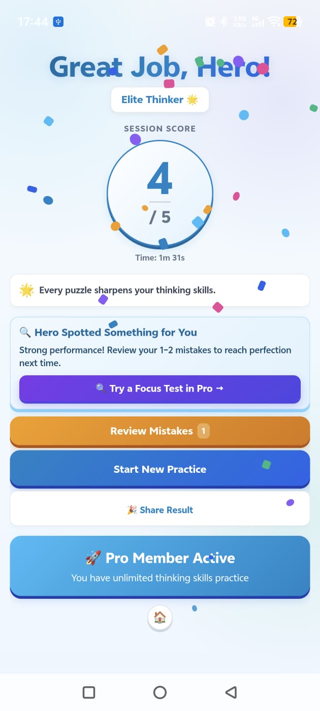 BrainActive feedback screen with explanation and mistake review