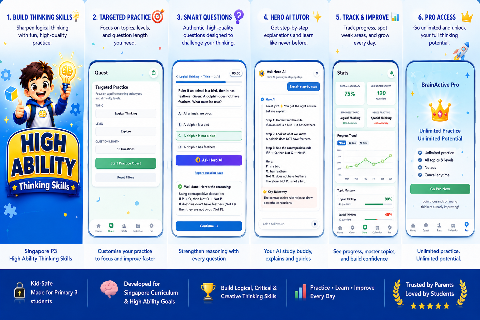 BrainActive app preview showing high-ability thinking practice for Singapore Primary 3